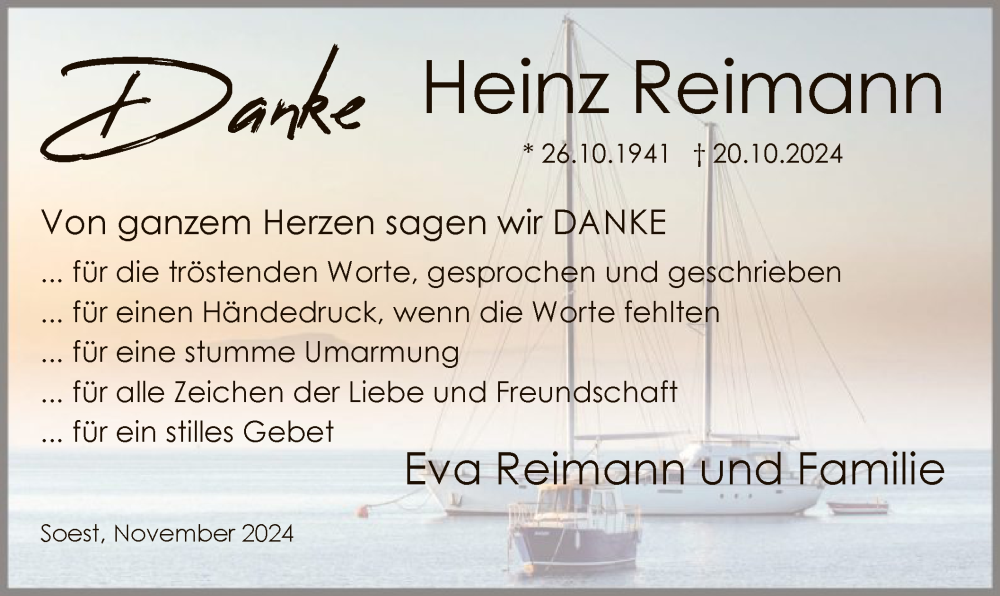  Traueranzeige für Heinz Reimann vom 23.11.2024 aus WAWA