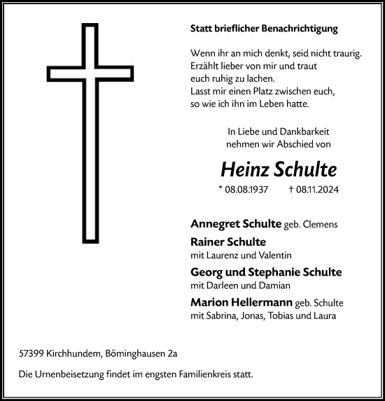 Traueranzeige von Heinz Schulte von WA
