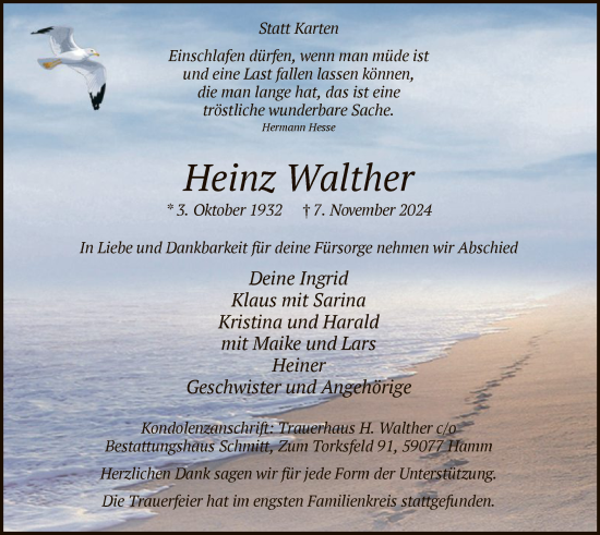 Traueranzeige von Heinz Walther von WA