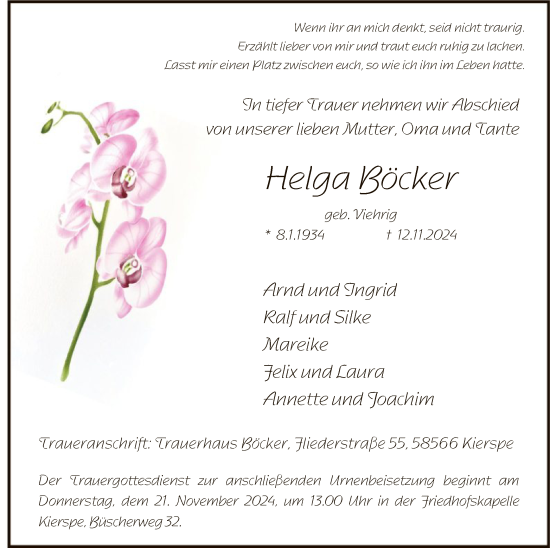 Traueranzeige von Helga Böcker von WA
