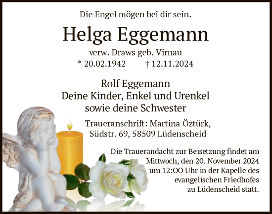 Traueranzeige von Helga Eggemann von WA