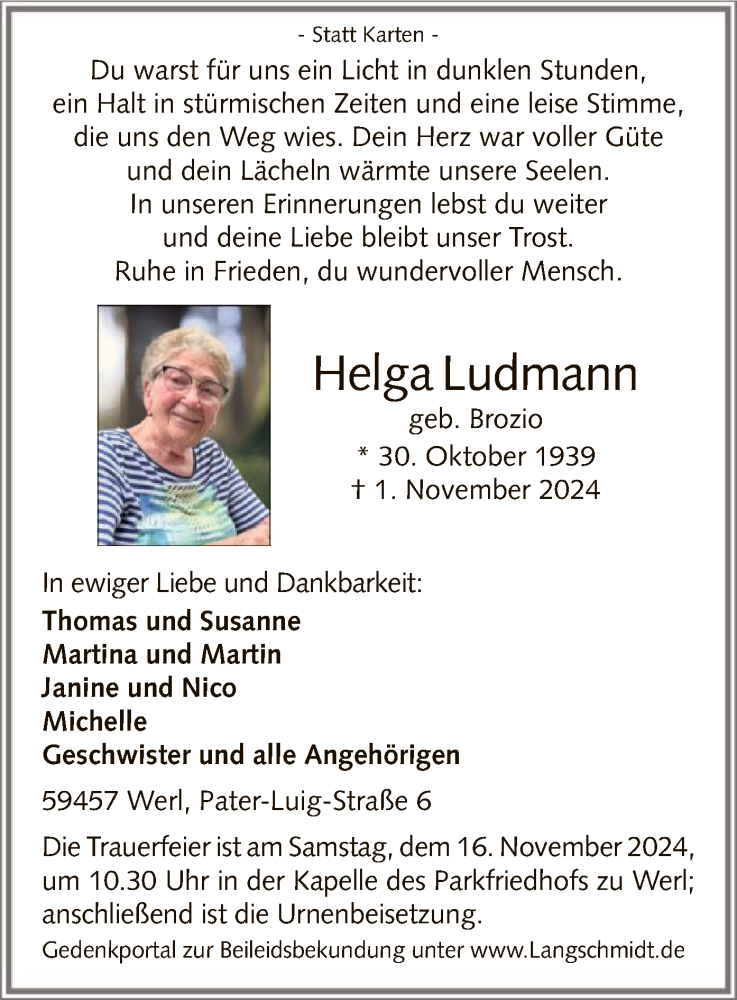  Traueranzeige für Helga Ludmann vom 09.11.2024 aus WA