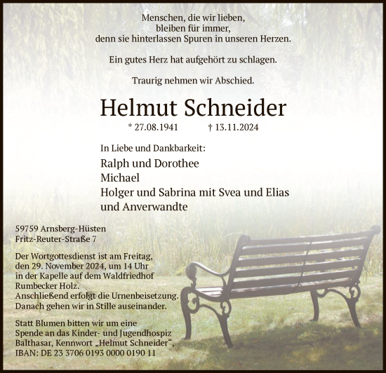 Traueranzeige von Helmut Schneider von WA