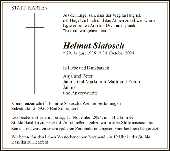 Traueranzeige von Helmut Slatosch von WA