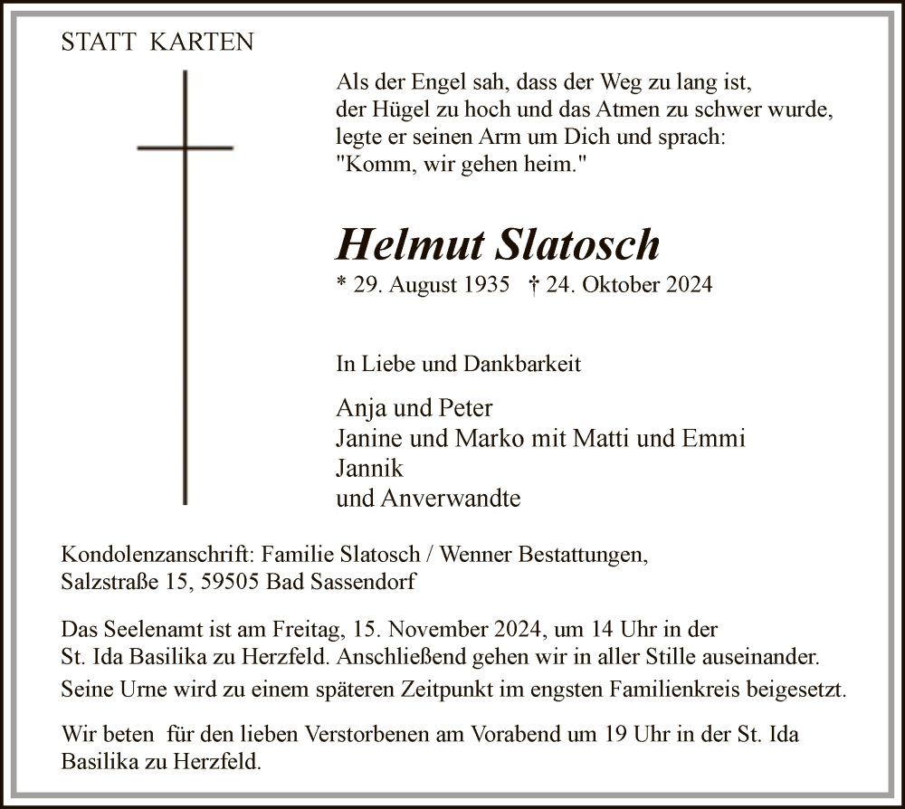  Traueranzeige für Helmut Slatosch vom 09.11.2024 aus WA