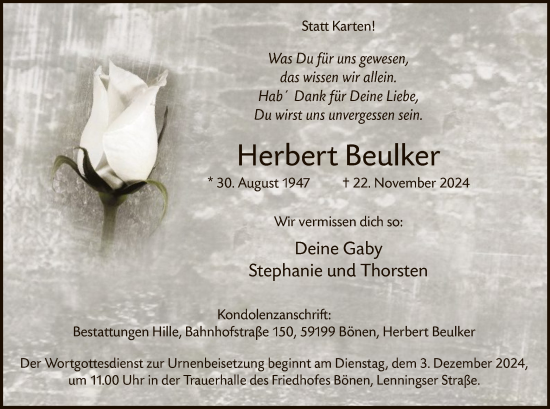 Traueranzeige von Herbert Beulker von WA