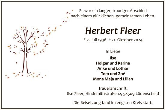 Traueranzeige von Herbert Fleer von WA
