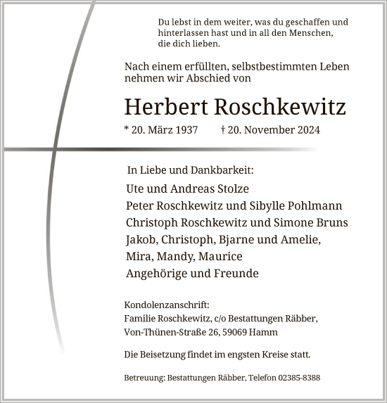 Traueranzeige von Herbert Roschkewitz von WA