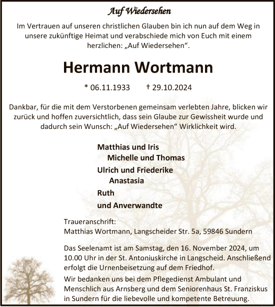 Traueranzeige von Hermann Wortmann von WA