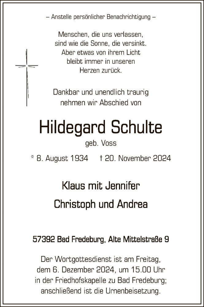  Traueranzeige für Hildegard Schulte vom 30.11.2024 aus WA