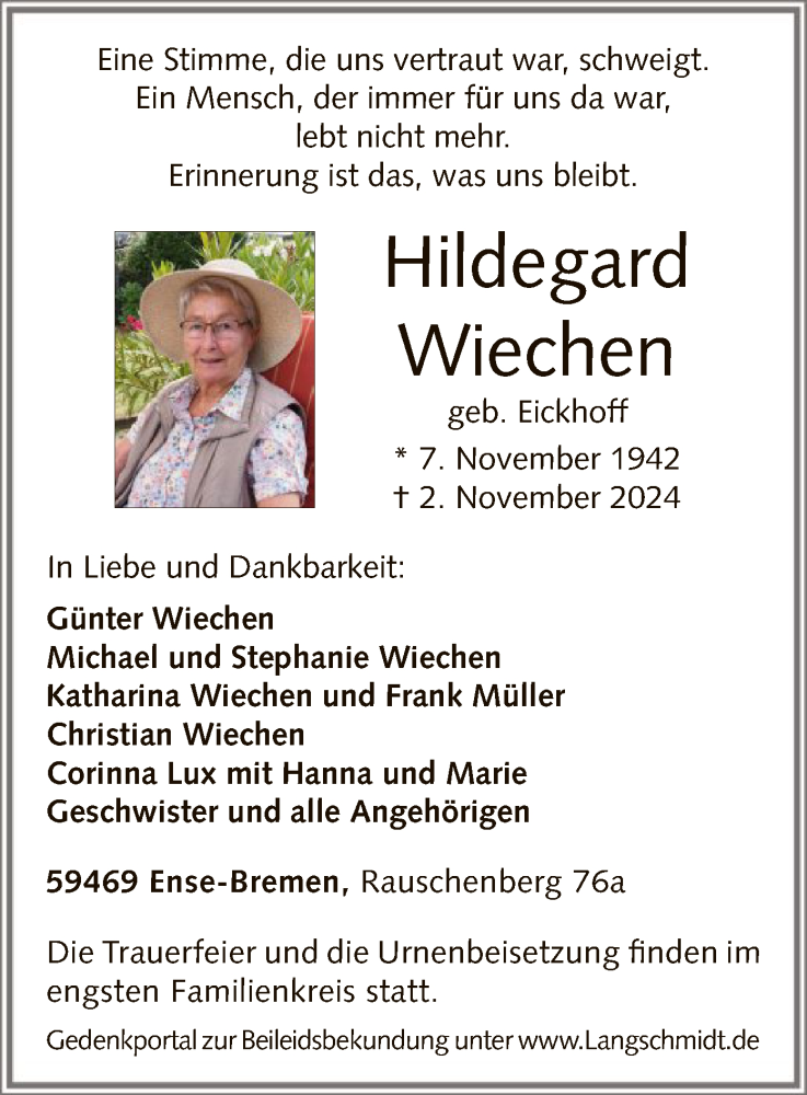  Traueranzeige für Hildegard Wiechen vom 09.11.2024 aus WA