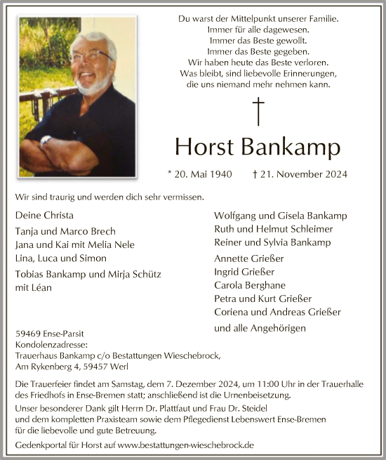 Traueranzeige von Horst Bankamp von WA
