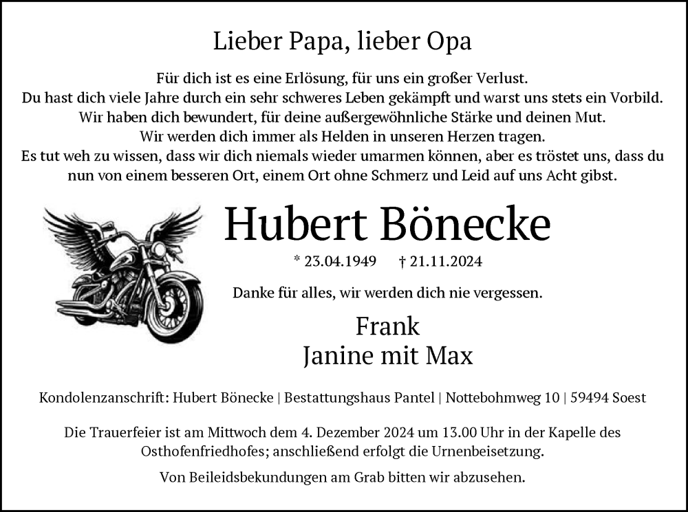  Traueranzeige für Hubert Bönecke vom 30.11.2024 aus WA
