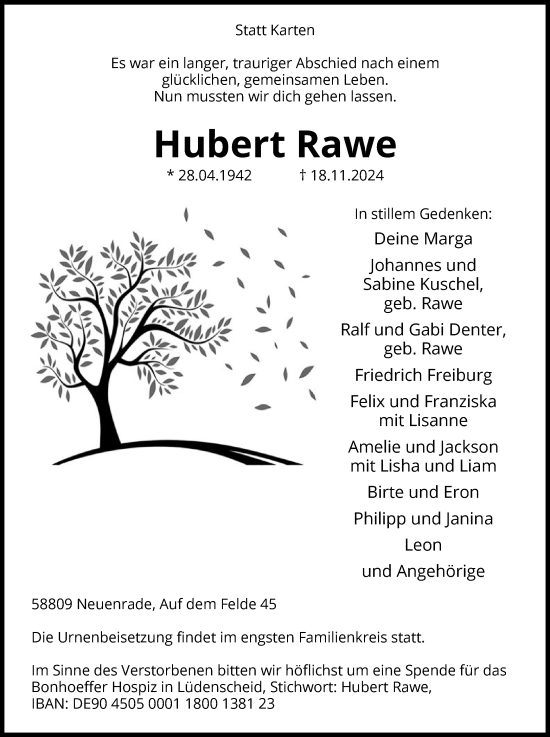 Traueranzeige von Hubert Rawe von WA