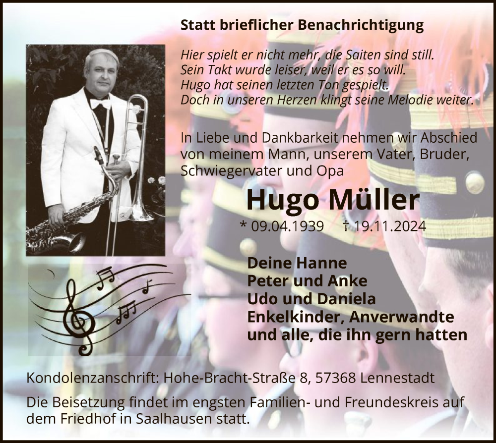  Traueranzeige für Hugo Müller vom 30.11.2024 aus WA