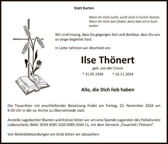 Traueranzeige von Ilse Thönert von WA