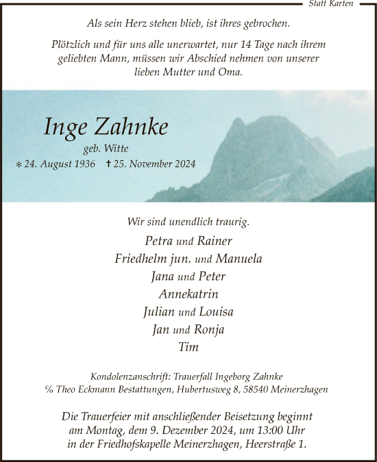 Traueranzeige von Inge Zahnke von WA