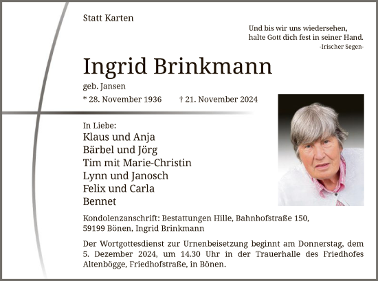 Traueranzeige von Ingrid Brinkmann von WA