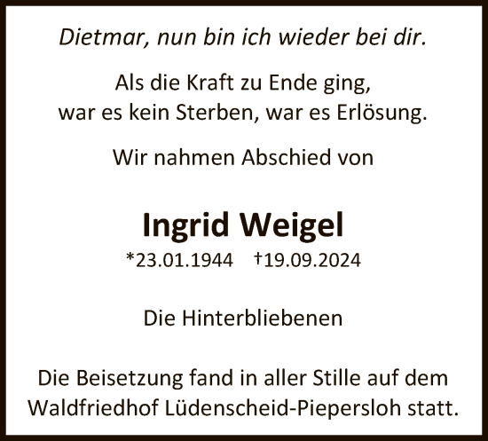Traueranzeige von Ingrid Weigel von WA