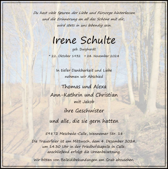 Traueranzeige von Irene Schulte von WA