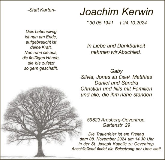 Traueranzeige von Joachim Kerwin von WA