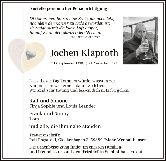 Traueranzeige von Jochen Klaproth von WA