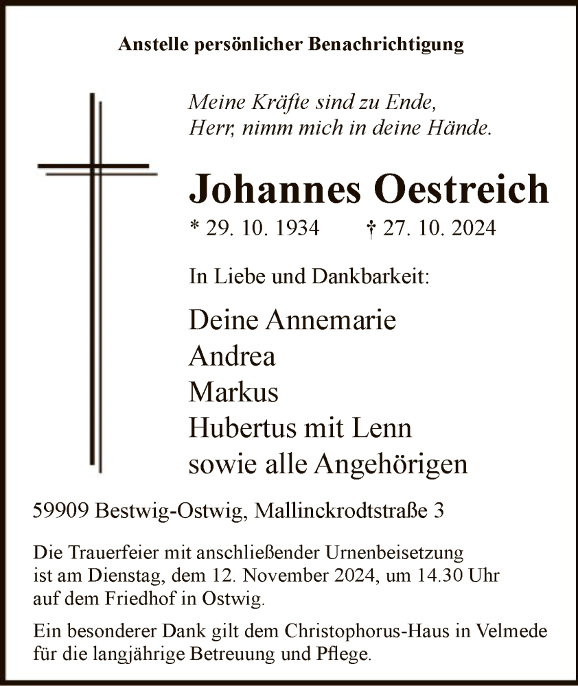 Traueranzeige für Johannes Oestreich vom 02.11.2024 aus WA