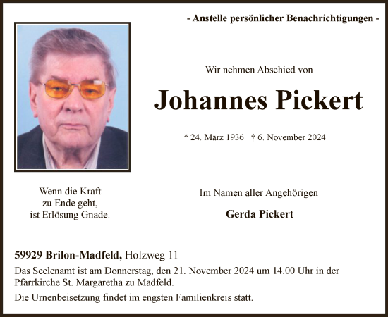 Traueranzeige von Johannes Pickert von WA