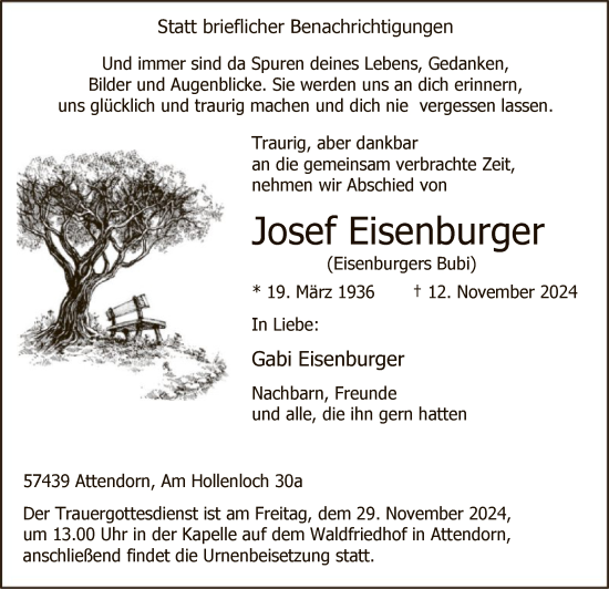 Traueranzeige von Josef Eisenburger von WA