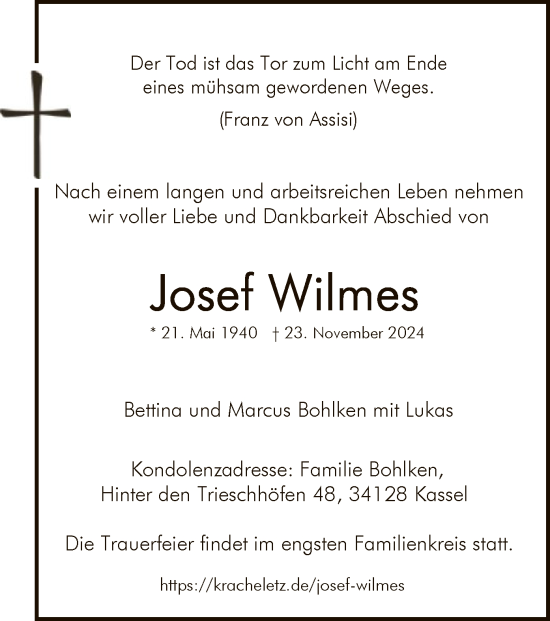 Traueranzeige von Josef Wilmes von WA