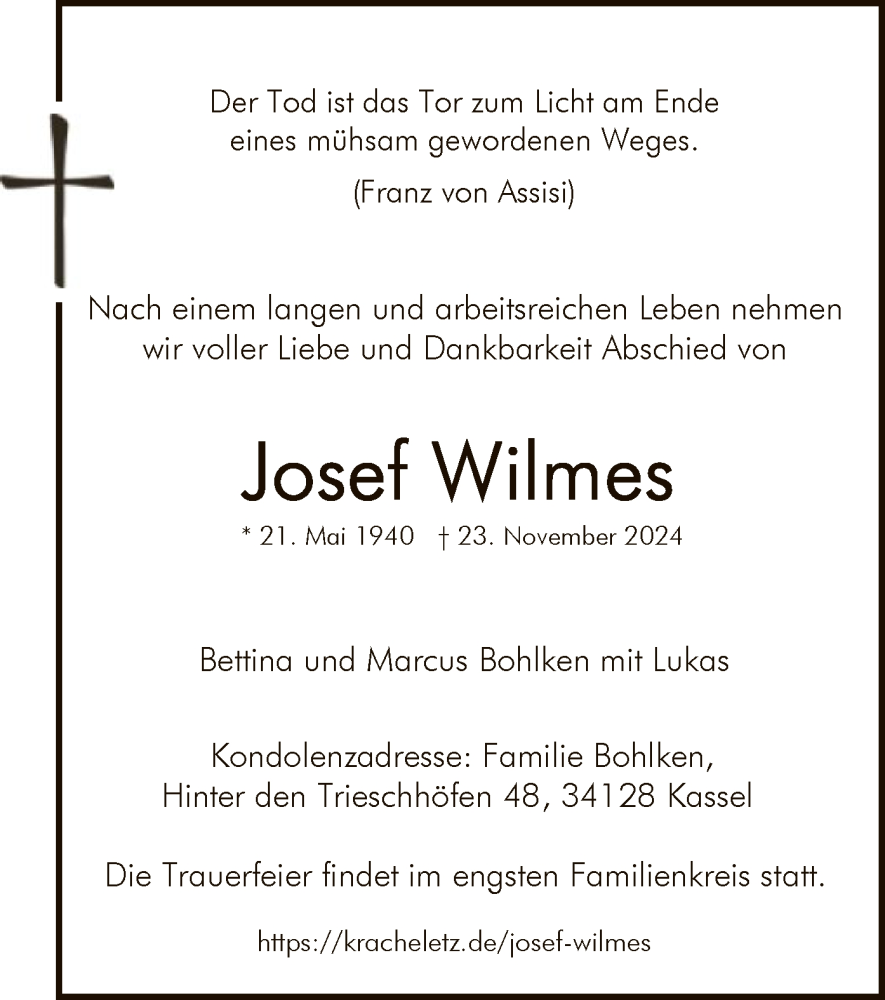  Traueranzeige für Josef Wilmes vom 30.11.2024 aus WA