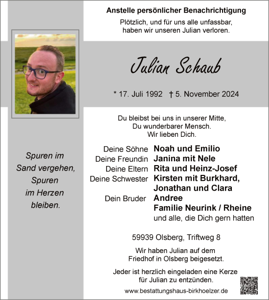 Traueranzeige von Julian Schaub von WA