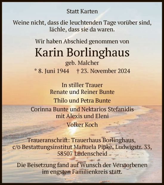 Traueranzeige von Karin Borlinghaus von WA
