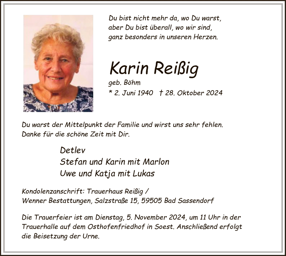  Traueranzeige für Karin Reißig vom 02.11.2024 aus WA