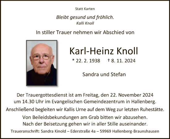 Traueranzeige von Karl-Heinz Knoll von WA