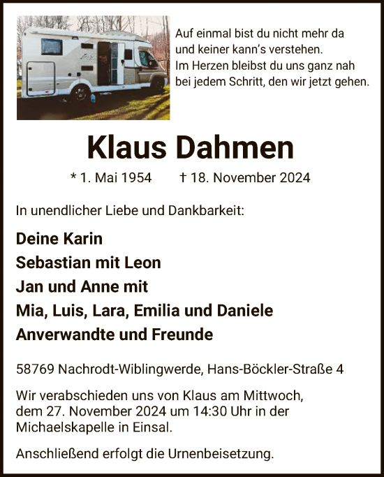 Traueranzeige von Klaus Dahmen von WA