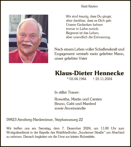 Traueranzeige von Klaus-Dieter Hennecke von WA