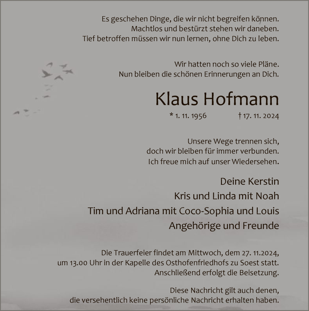  Traueranzeige für Klaus Hofmann vom 23.11.2024 aus WA