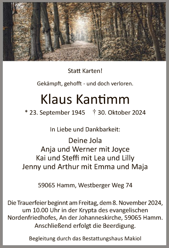 Traueranzeige von Klaus Kantimm von WA