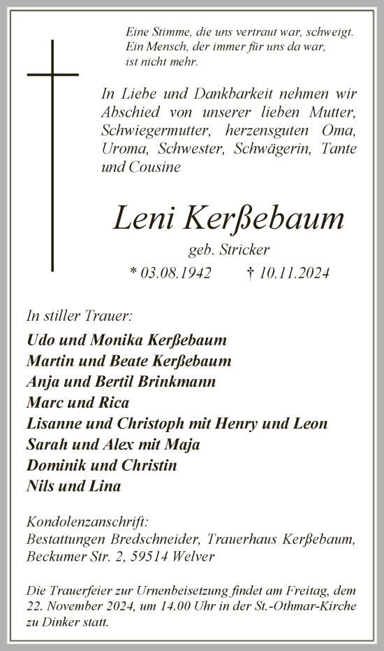 Traueranzeige von Leni Kerßebaum von WAWA