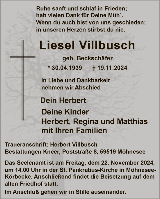 Traueranzeige von Liesel Villbusch von WA