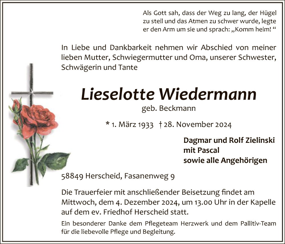  Traueranzeige für Lieselotte Wiedermann vom 30.11.2024 aus WA