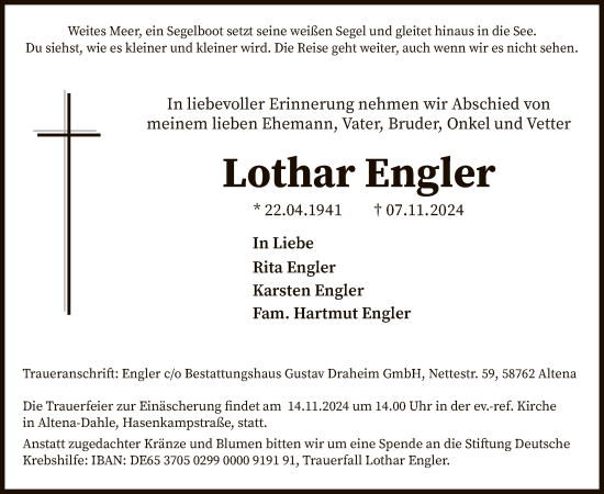 Traueranzeige von Lothar Engler von WA