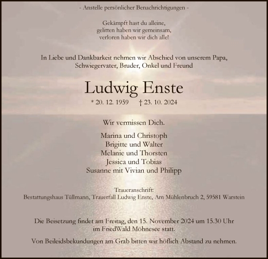 Traueranzeige von Ludwig Enste von WA