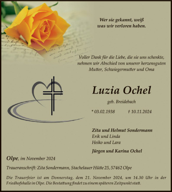 Traueranzeige von Luzia Ochel von WA