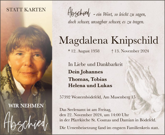 Traueranzeige von Magdalena Knipschild von WA