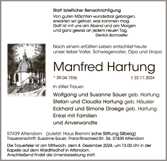 Traueranzeige von Manfred Hartung von WA