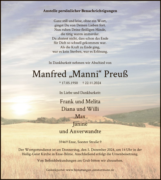 Traueranzeige von Manfred  Preuß von WA