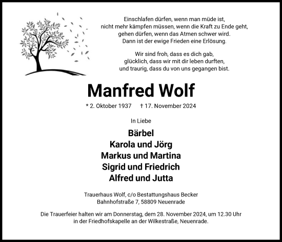 Traueranzeige von Manfred Wolf von WA