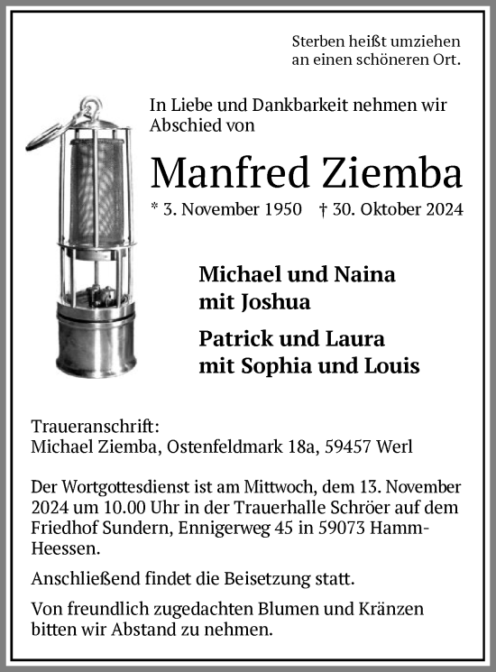 Traueranzeige von Manfred Ziemba von WA